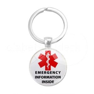 Diabetes awareness sleutelhanger met opschrift "Emergency Information Inside"